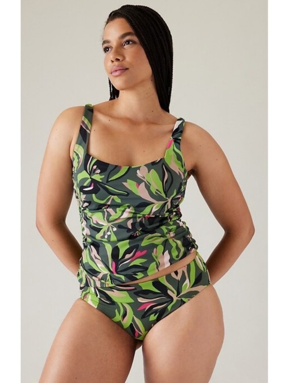 Athleta Green Deep Fern Floral Print Square Neck Bra Cup Tankini Swim Top 36D/DD